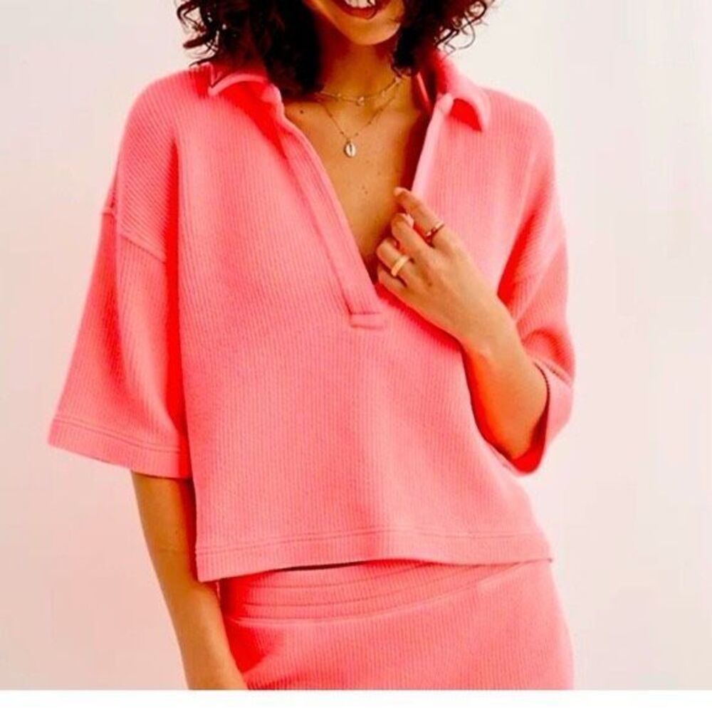 Aerie Wonder Polo Sweatshirt XXS Pink neon Oversized Boxy Short Sleeve Shirt top